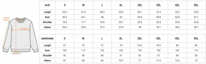 Men and Women Sweatshirt size chart