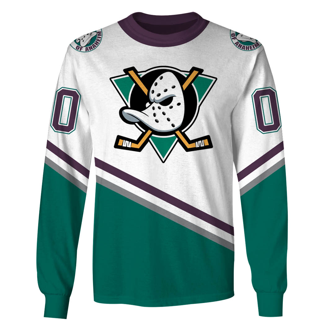 NHL Anaheim Ducks Custom Name Number 90s Vintage Throwback Away Jersey White Sweatshirt NHL Anaheim Ducks Custom Name Number 90s Vintage Throwback Away Jersey White Sweatshirt