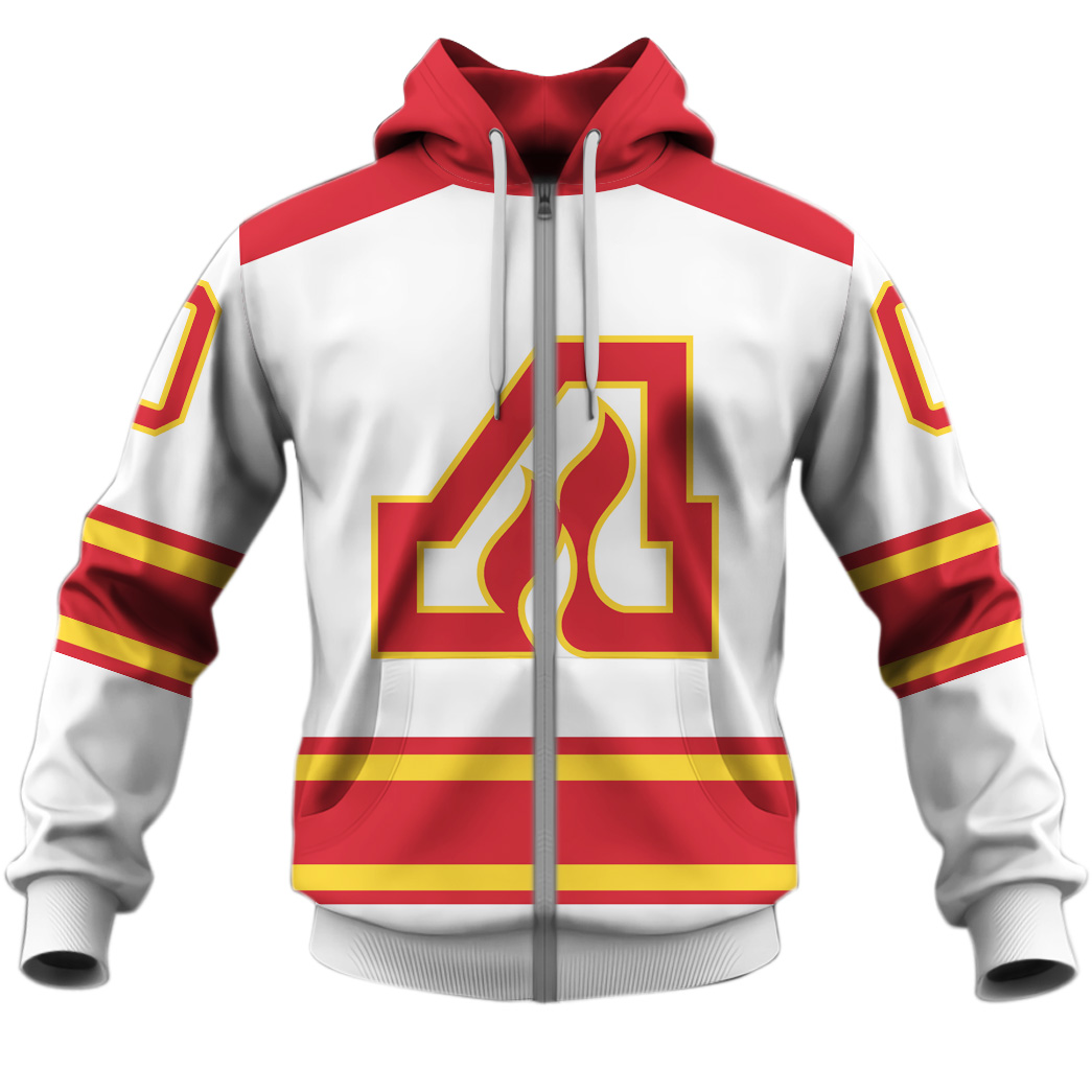 NHL Calgary Flames Custom Name Number 70s Vintage Away Jersey Zip Up Hoodie