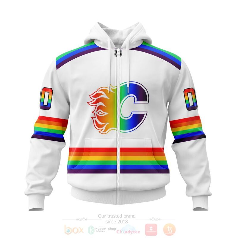 NHL Calgary Flames Custom Name Number White LGBT Pride Jersey Zip Up Hoodie NHL Calgary Flames Custom Name Number White LGBT Pride Jersey Zip Up Hoodie