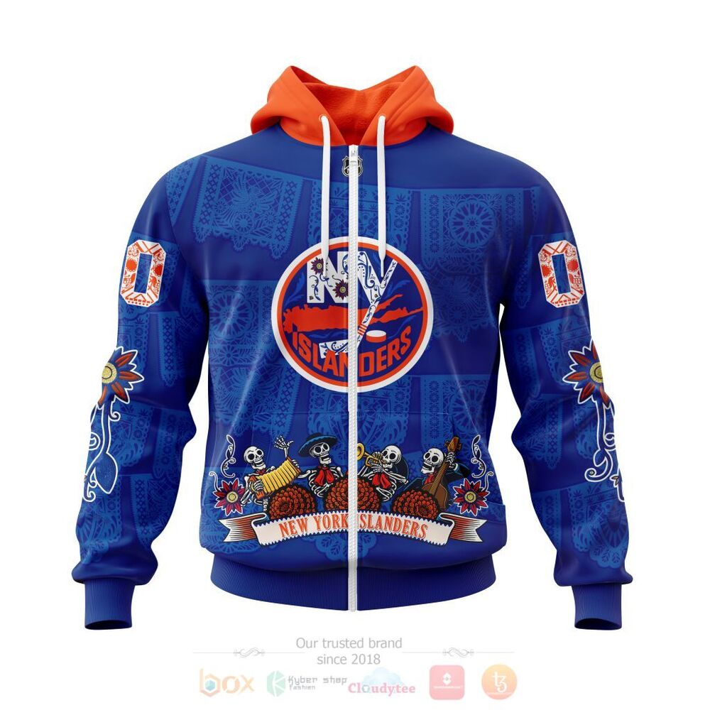 NHL New York Islanders Custom Name Number Sugar Skull Heritage Jersey Zip Up Hoodie