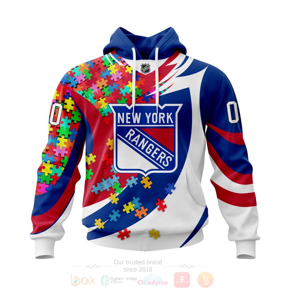NHL New York Rangers Custom Name Number Autism Awareness Pullover Hoodie NHL New York Rangers Custom Name Number Autism Awareness Pullover Hoodie