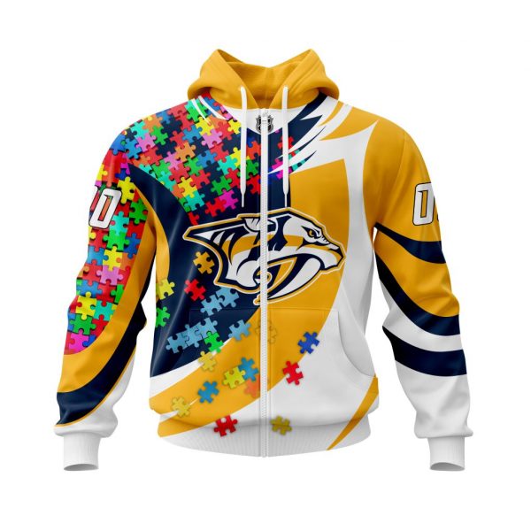 NHL Nashville Predators Custom Name Number Autism Awareness Zip Up Hoodie NHL Nashville Predators Custom Name Number Autism Awareness Zip Up Hoodie