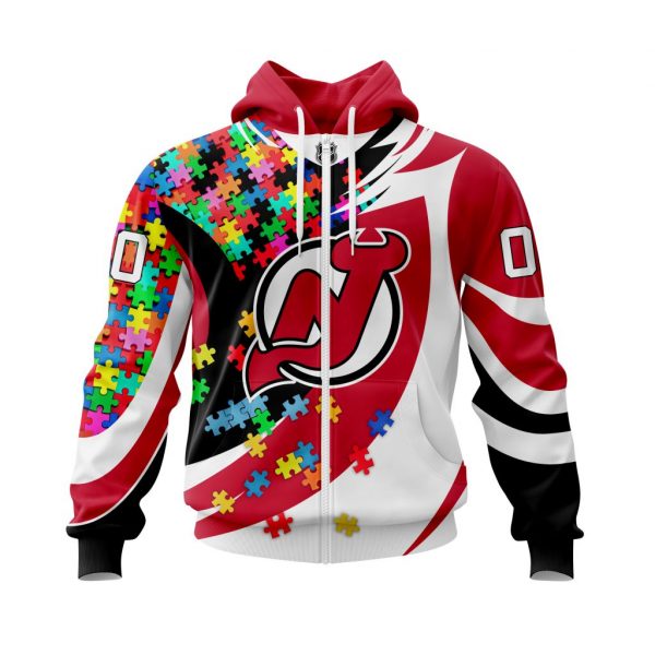 NHL New Jersey Devils Custom Name Number Autism Awareness Zip Up Hoodie
