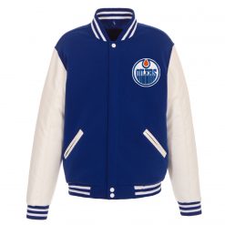 NHL Edmonton Oilers Royal White Baseball Jacket