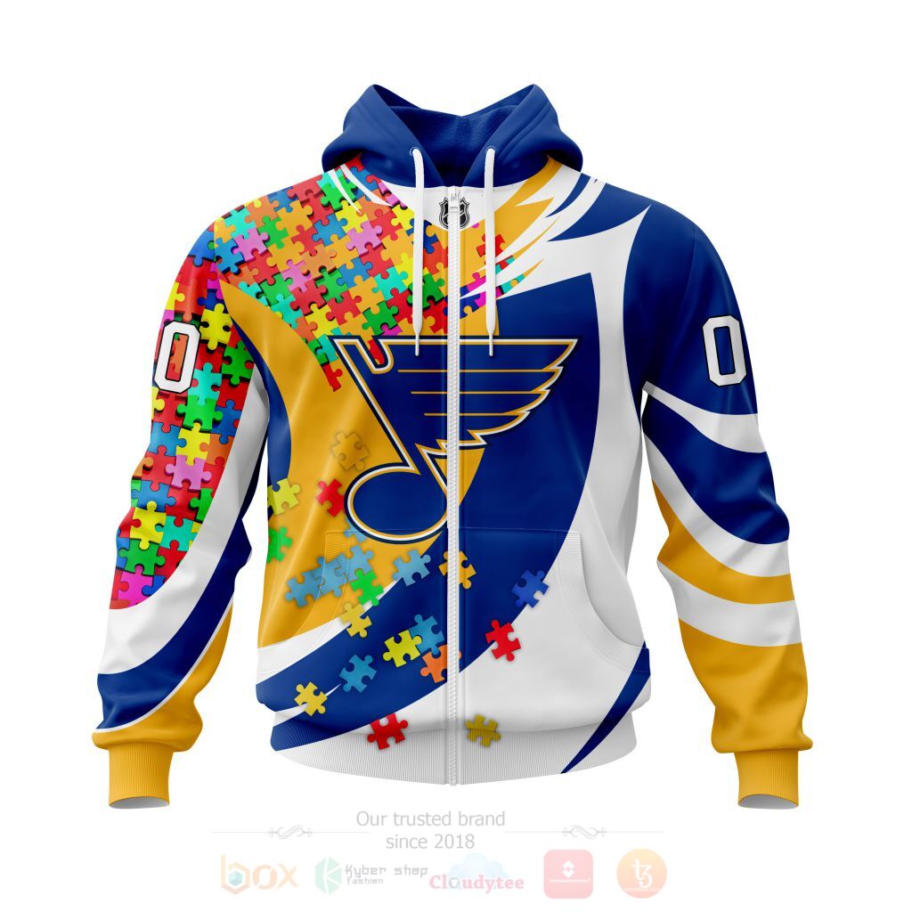 NHL St. Louis Blues Custom Name Number Autism Awareness Zip Up Hoodie NHL St. Louis Blues Custom Name Number Autism Awareness Zip Up Hoodie