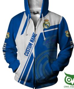 Real Madrid Custom Name Blue White Logo Zip Up Hoodie