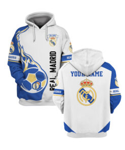Real Madrid Custom Name White Blue Ball Pullover Hoodie