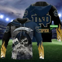 NCAA Notre Dame Fighting Irish Custom Name Blue Grey Skull Pullover Hoodie