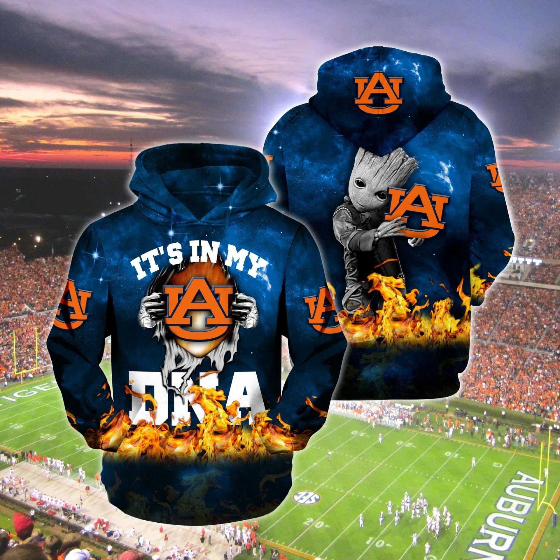 NCAA Auburn Tigers Baby Groot Blue Pullover Hoodie