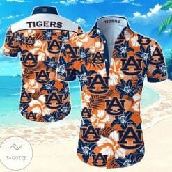 NCAA Auburn Tigers Orange Flowers Blue Hawaiian Shirt V2