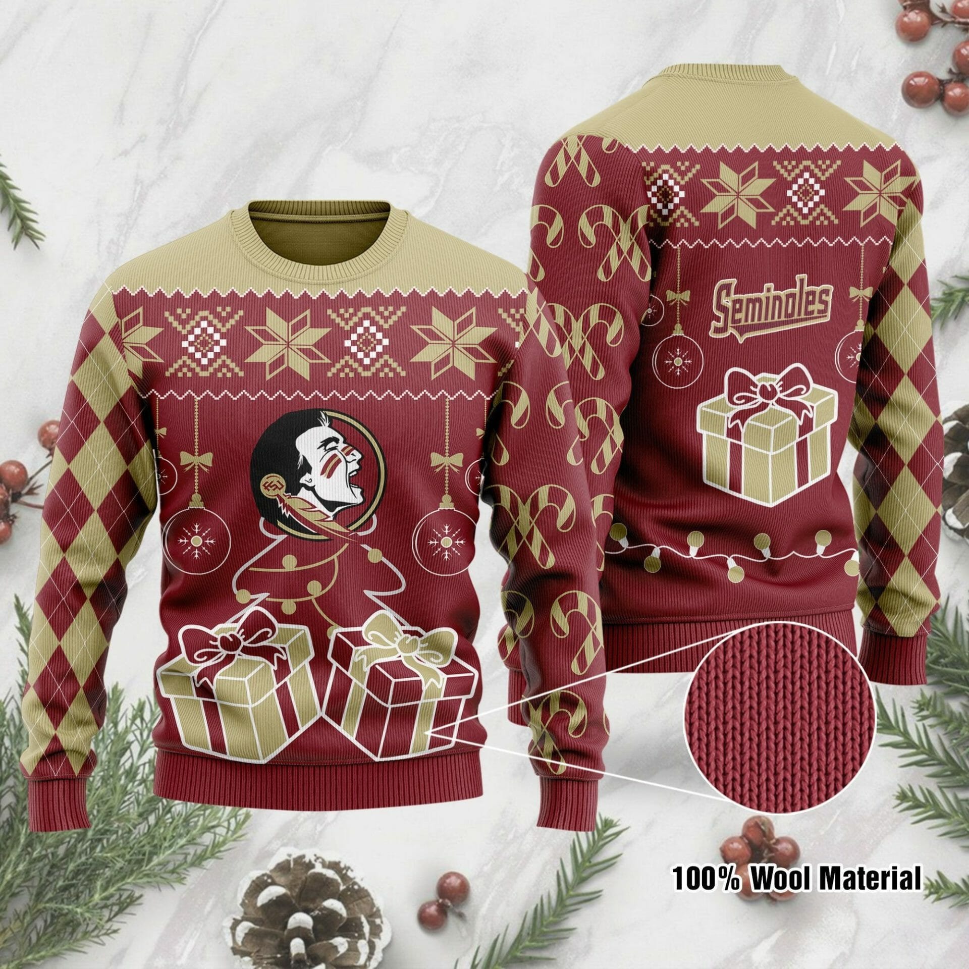 NCAA Florida State Seminoles Garnet Gold Ugly Christmas Sweater V2
