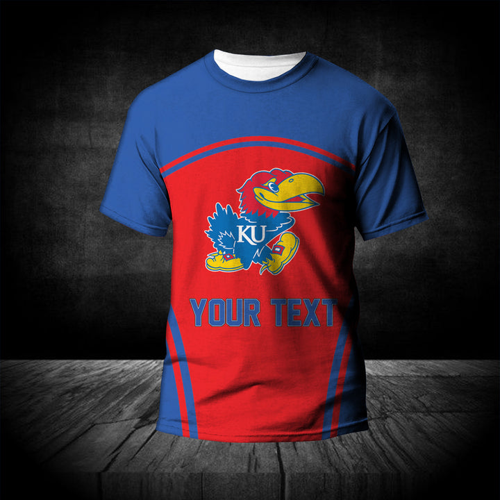 NCAA Kansas Jayhawks Custom Text Number Blue Red T-Shirt