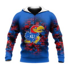 NCAA Kansas Jayhawks Custom Text Number Blue Red Pullover Hoodie V2