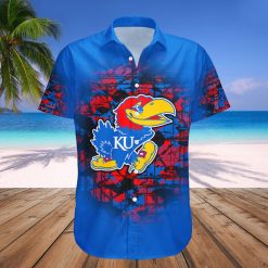 Alternative view of NCAA Kansas Jayhawks Custom Text Number Blue Red Hawaiian Shirt V2