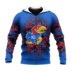 NCAA Kansas Jayhawks Custom Text Number Blue Red Zip Up Hoodie V2