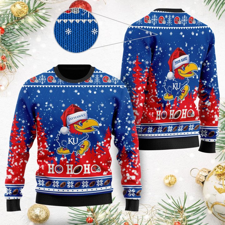 NCAA Kansas Jayhawks Custom Name Ho Ho Ho Ugly Christmas Sweater