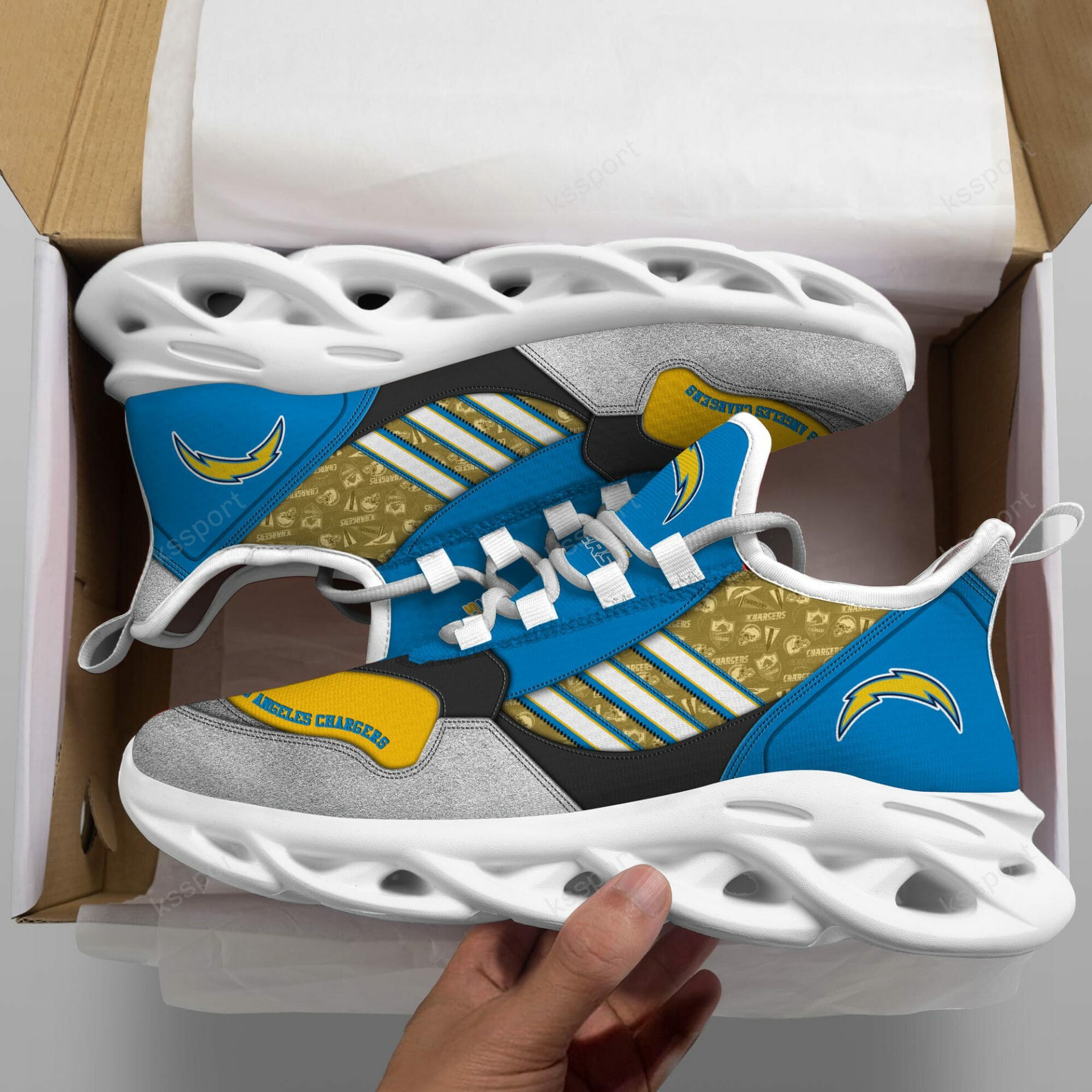 NFL Los Angeles Chargers Powder Blue Gold Max Soul Shoes V2 NFL Los Angeles Chargers Powder Blue Gold Max Soul Shoes V2