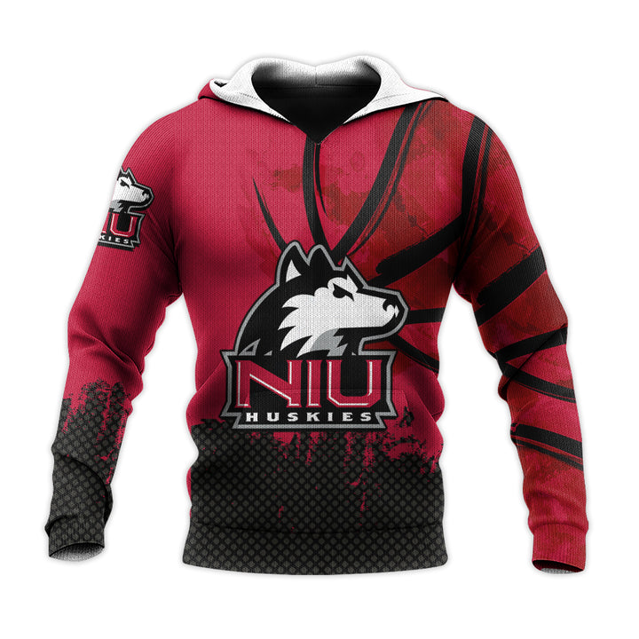 NCAA Northern Illinois Huskies Custom Text Number Red Black Pullover Hoodie V4