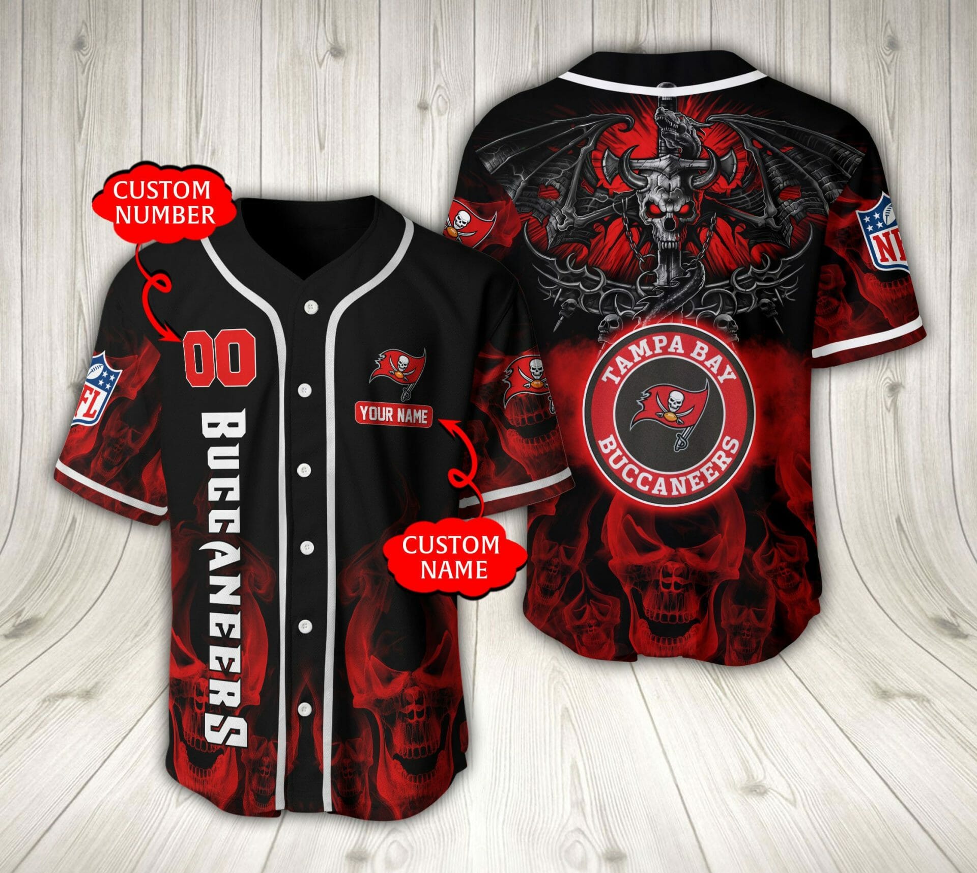 NFL Tampa Bay Buccaneers Custom Name Number Black Red Baseball Jersey NFL Tampa Bay Buccaneers Custom Name Number Black Red Baseball Jersey
