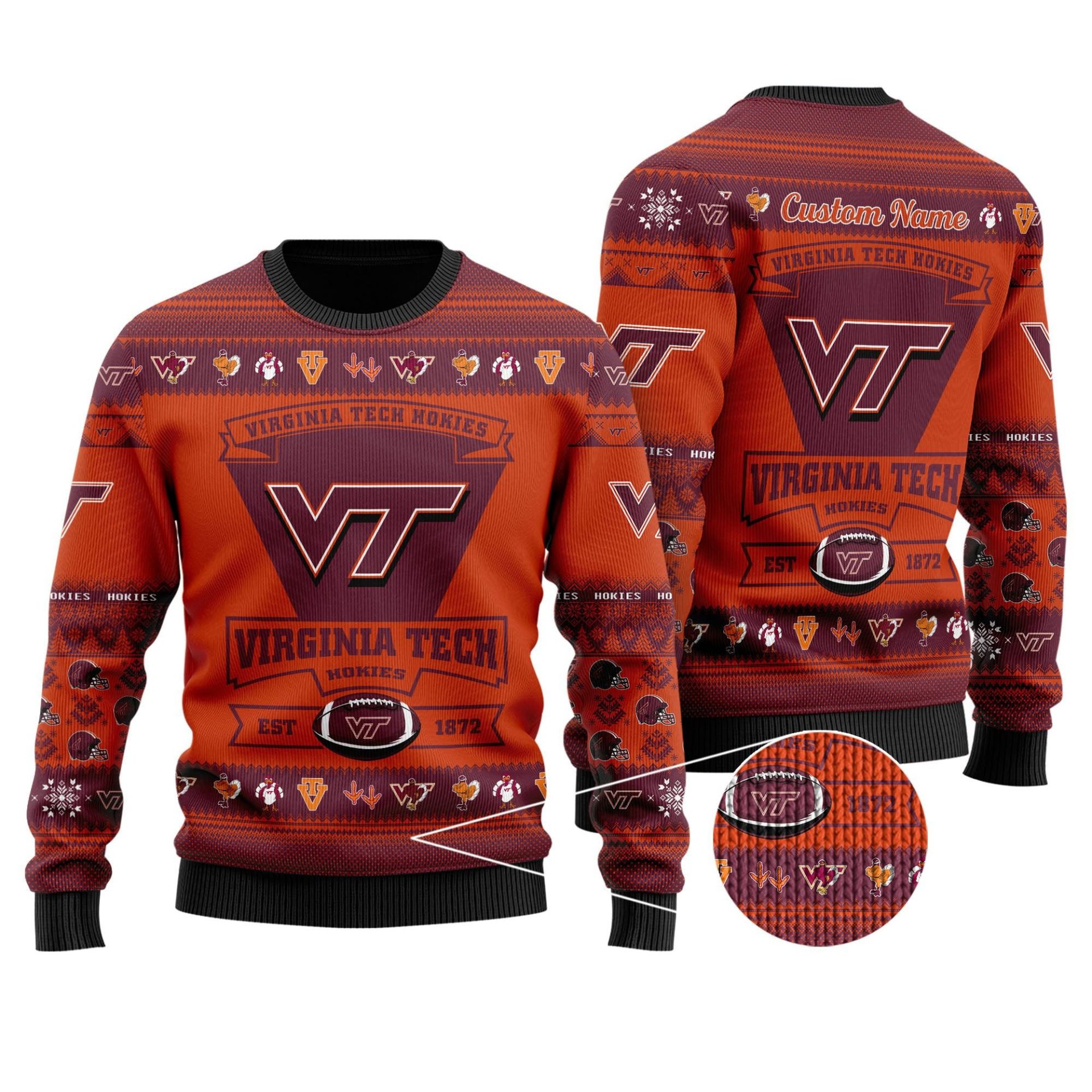 NCAA Virginia Tech Hokies Custom Name Ugly Christmas Sweater