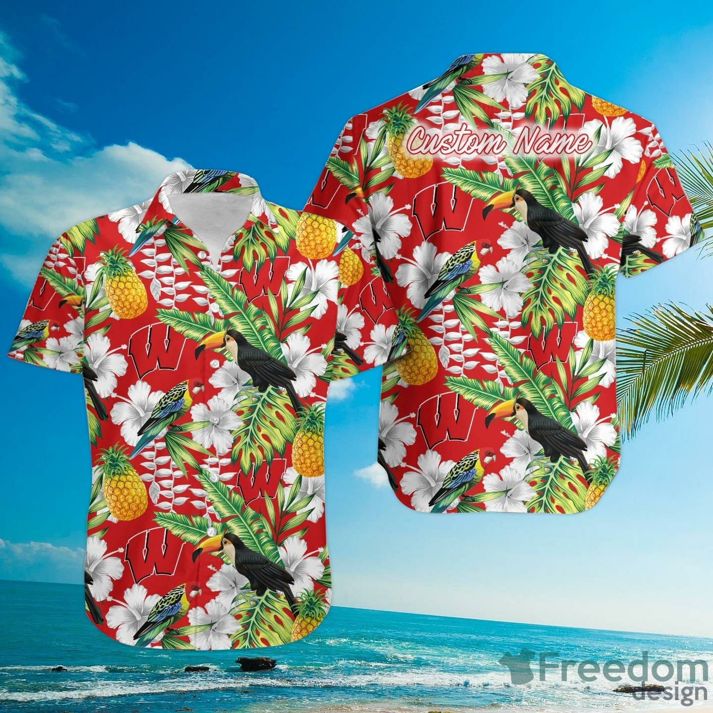 NCAA Wisconsin Badgers Custom Name Parrot Floral Tropical Hawaiian Shirt