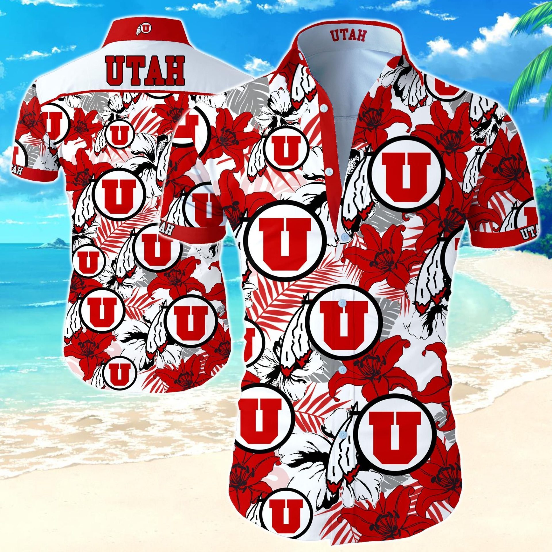 NCAA Utah Utes Red White Tropical Flowers Hawaiian Shirt