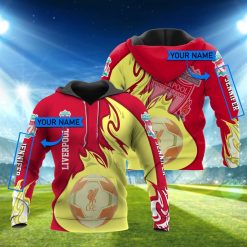 Liverpool FC Custom Name Red Gold Flame Ball Pullover Hoodie