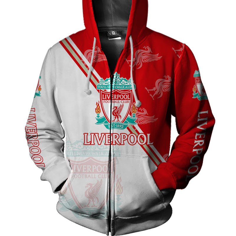 Liverpool FC Red White Zip Up Hoodie V4