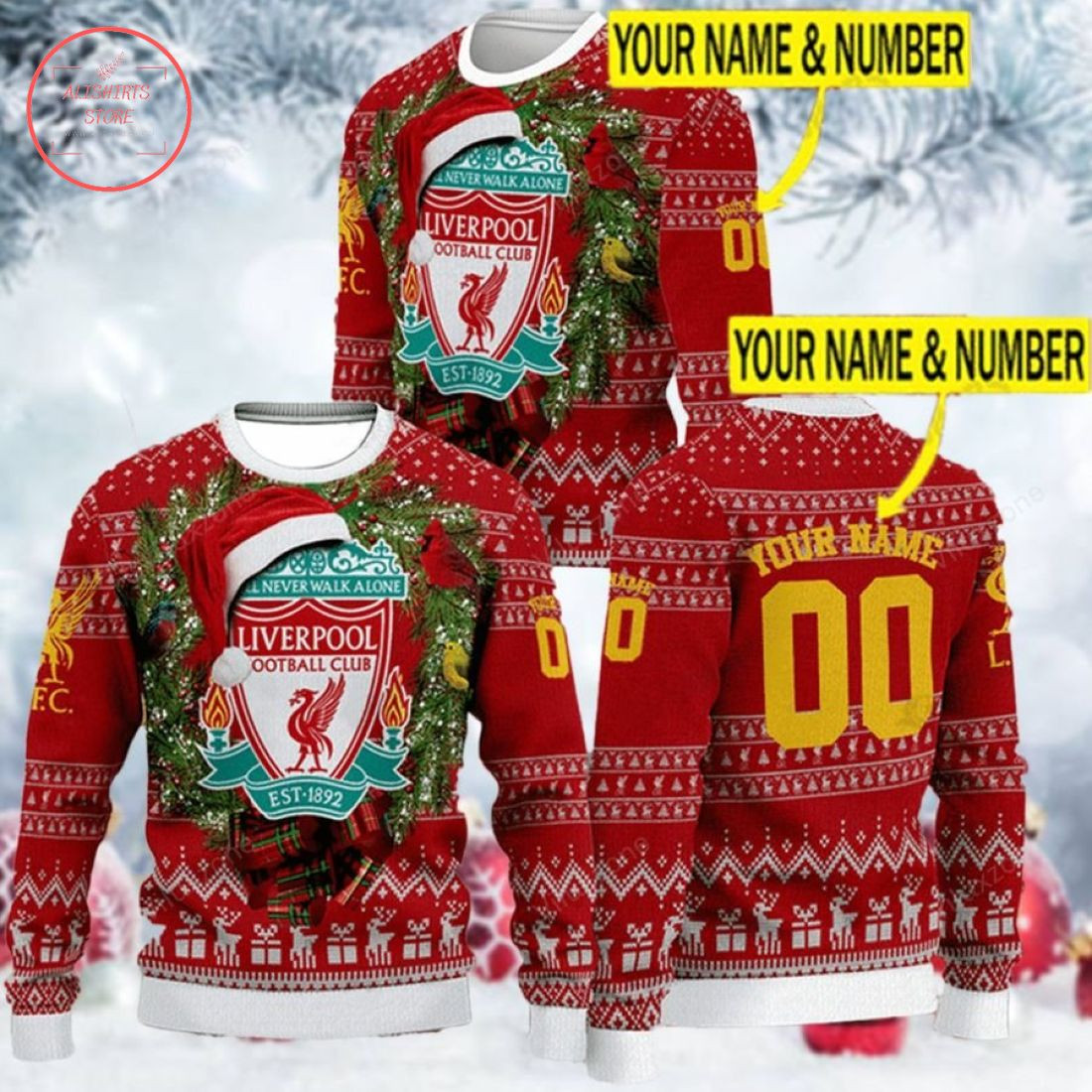 Liverpool FC Custom Name Number Ugly Christmas Sweater