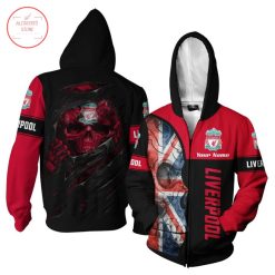 Liverpool FC Custom Name UK Flag Skull Zip Up Hoodie