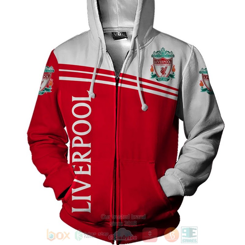 Liverpool FC Red White Zip Up Hoodie V3