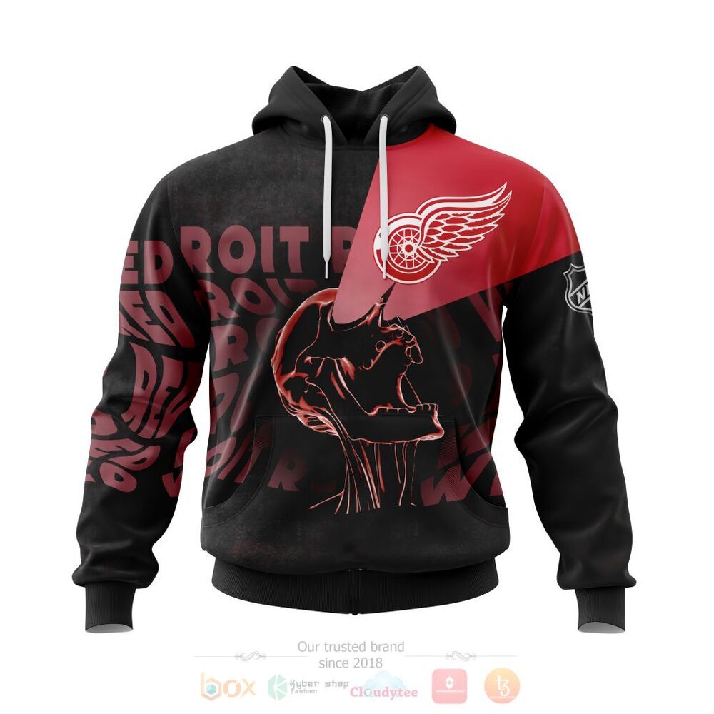 NHL Detroit Red Wings Custom Name Number Black Skull Pullover Hoodie