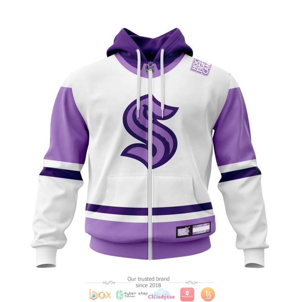 NHL Seattle Kraken Custom Name Number Hockey Fight Cancer Jersey Zip Up Hoodie
