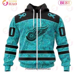 NHL Detroit Red Wings Custom Name Number Fight Ovarian Cancer Zip Up Hoodie
