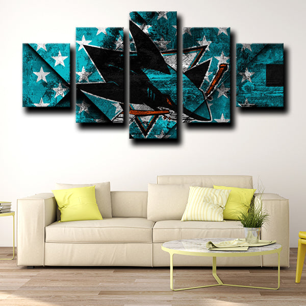 NHL San Jose Sharks Star Flag Cyan 5 Panel Canvas