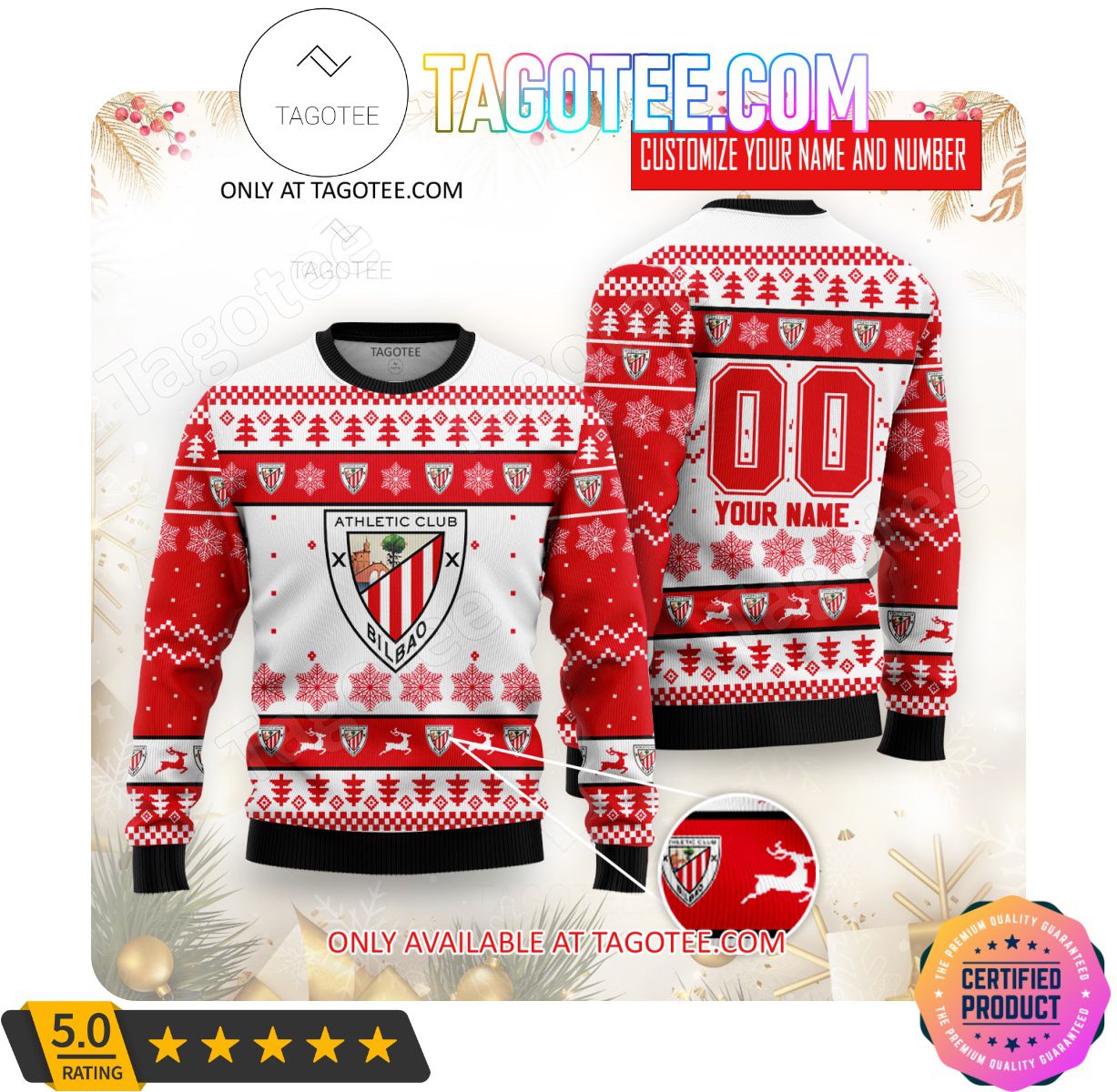 Athletic Bilbao Custom Name Number Ugly Christmas Sweater