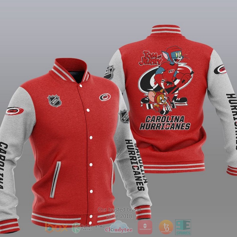NHL Carolina Hurricanes Red Grey Tom And Jerry Baseball Jacket