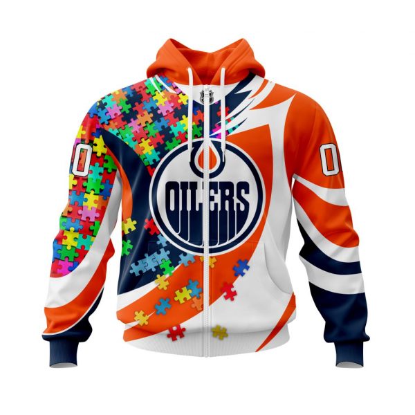 NHL Edmonton Oilers Custom Name Number Autism Awareness Orange White Zip Up Hoodie NHL Edmonton Oilers Custom Name Number Autism Awareness Orange White Zip Up Hoodie