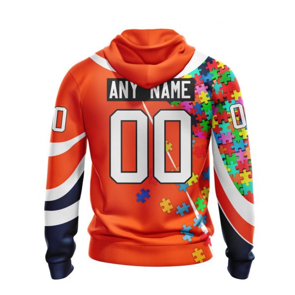 NHL Edmonton Oilers Custom Name Number Autism Awareness Orange White Zip Up Hoodie NHL Edmonton Oilers Custom Name Number Autism Awareness Orange White Zip Up Hoodie