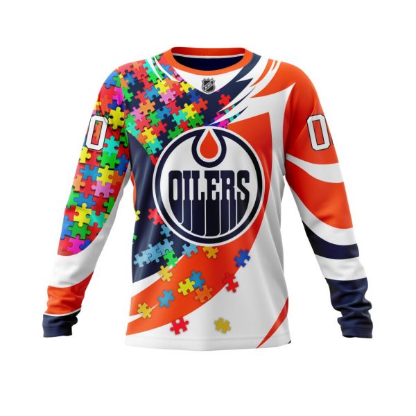 NHL Edmonton Oilers Custom Name Number Autism Awareness Orange White Sweatshirt