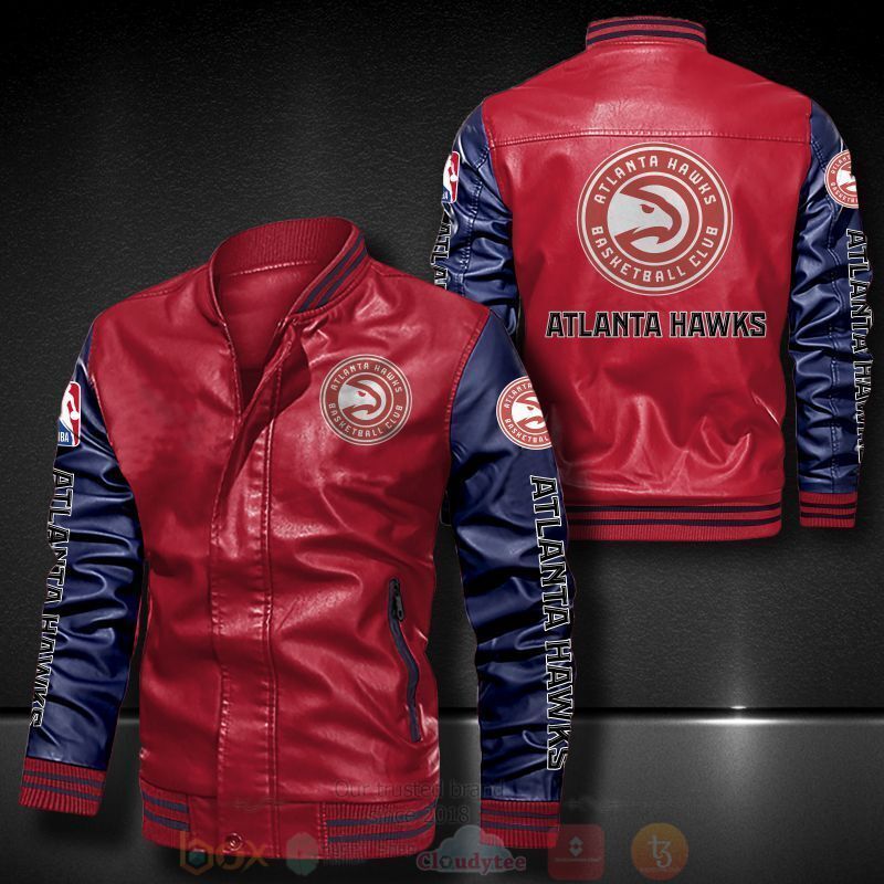 NBA Atlanta Hawks Red Navy Blue Leather Bomber Jacket