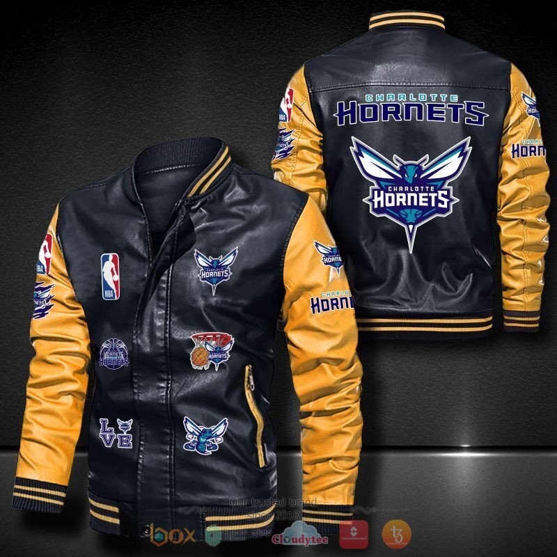 NBA Charlotte Hornets Black Yellow Logo Team Leather Bomber Jacket NBA Charlotte Hornets Black Yellow Logo Team Leather Bomber Jacket