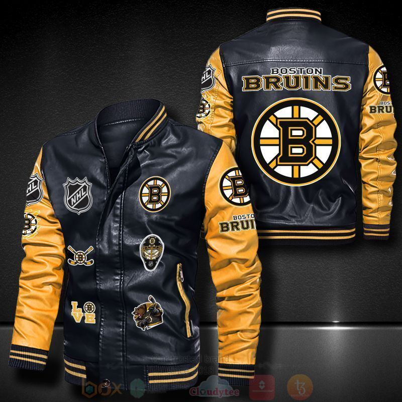 NHL Boston Bruins Black Yellow Leather Bomber Jacket