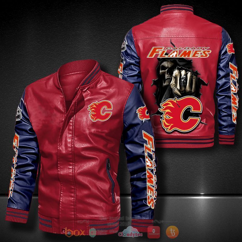 NHL Calgary Flames Red Navy Blue Skull HIt Leather Bomber Jacket NHL Calgary Flames Red Navy Blue Skull HIt Leather Bomber Jacket