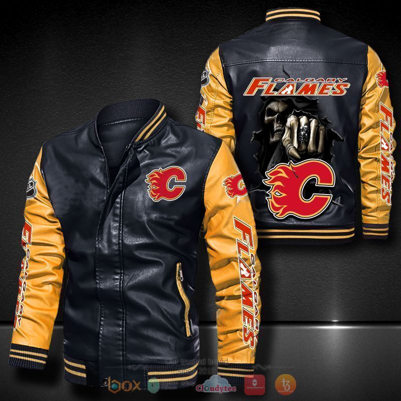 NHL Calgary Flames Black Yellow Skull HIt Leather Bomber Jacket