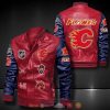 NHL Calgary Flames Red Dark Blue Leather Bomber Jacket