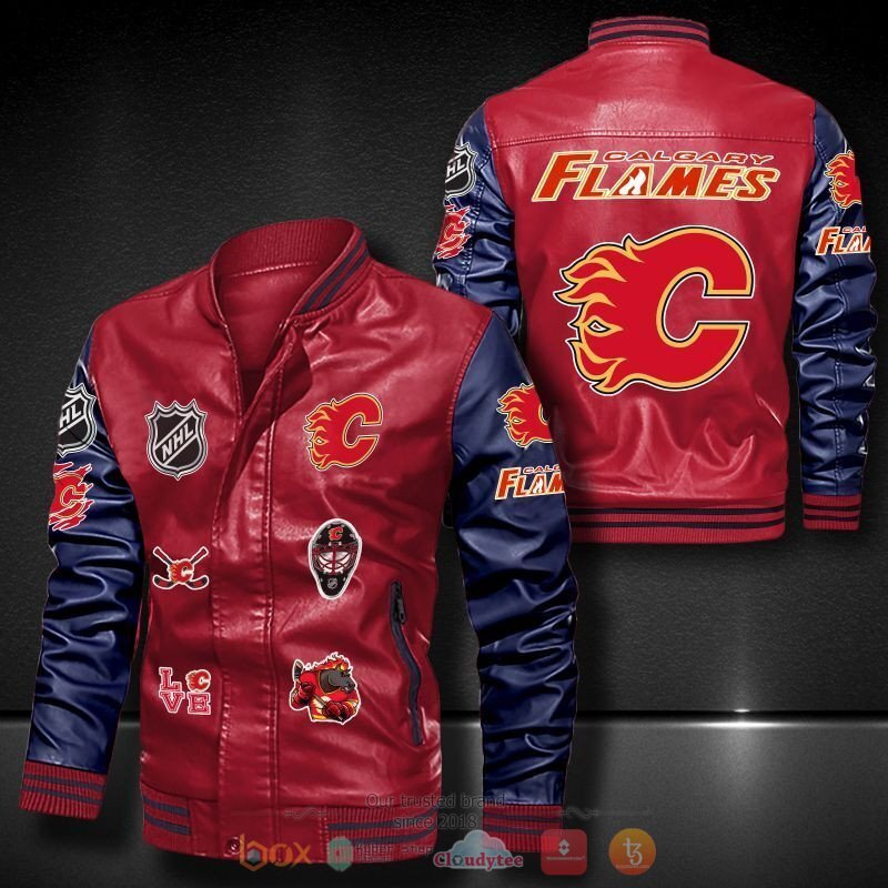 NHL Calgary Flames Red Dark Blue Leather Bomber Jacket NHL Calgary Flames Red Dark Blue Leather Bomber Jacket