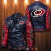 NHL Carolina Hurricanes Dark Blue Red Leather Bomber Jacket