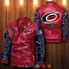 NHL Carolina Hurricanes Red Dark Blue Leather Bomber Jacket